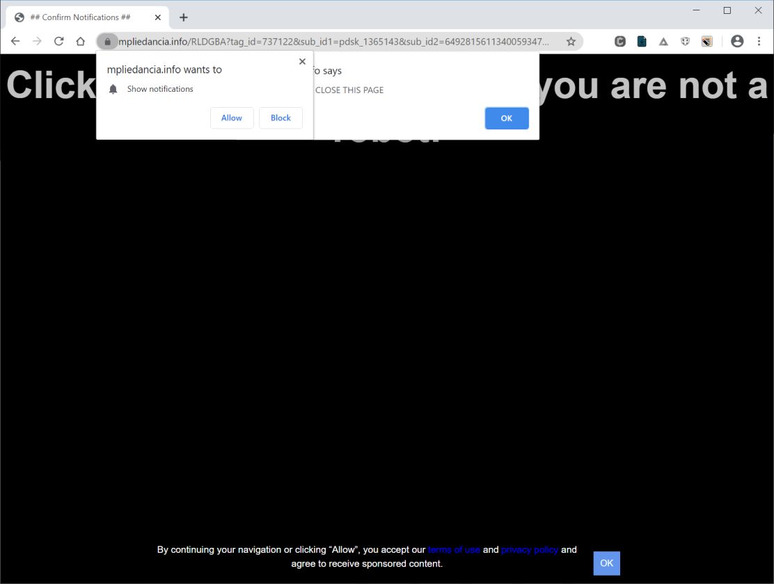 Image: Chrome browser is redirected to Mpliedancia.info