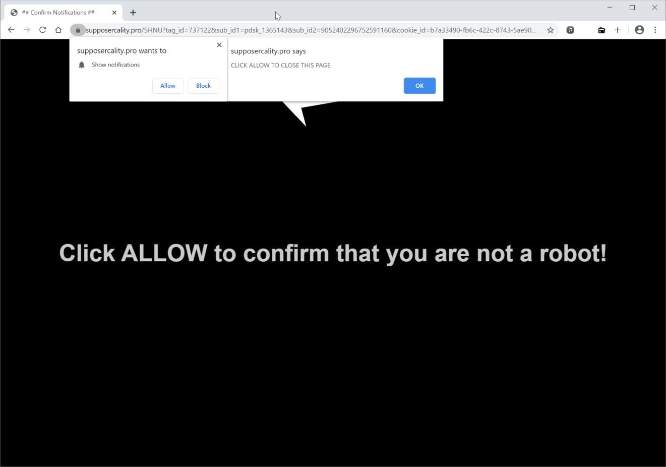 Image: Chrome browser is redirected to Supposercality.pro