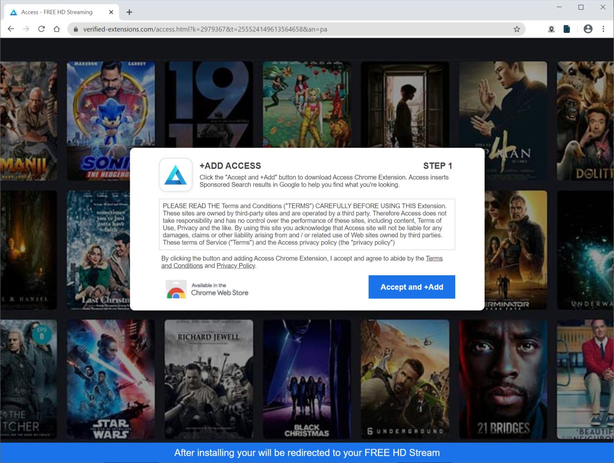 Image: Chrome browser is redirected to Verified-extensions.com