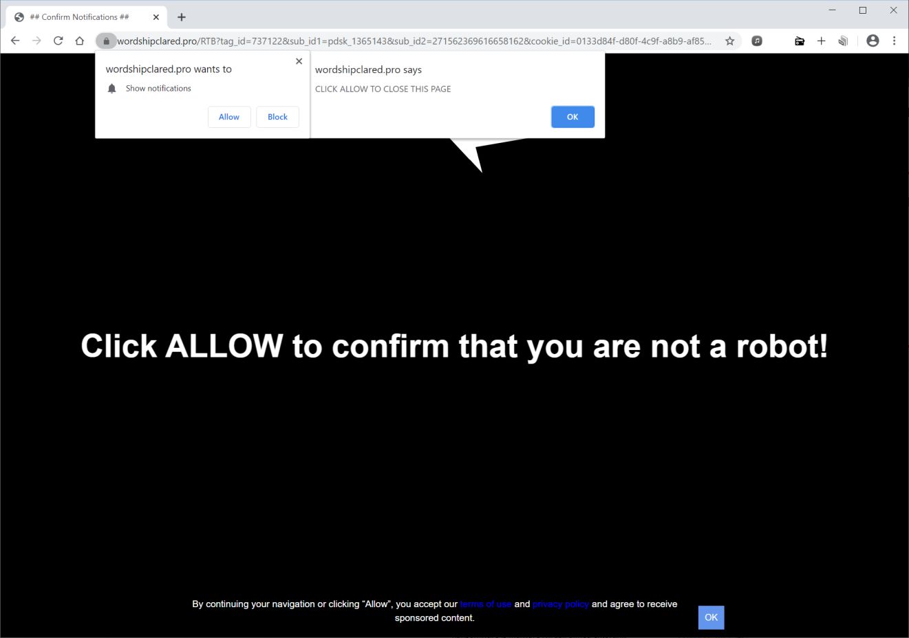 Image: Chrome browser is redirected to Wordshipclared.pro