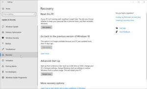 Recovery window in Windows 10