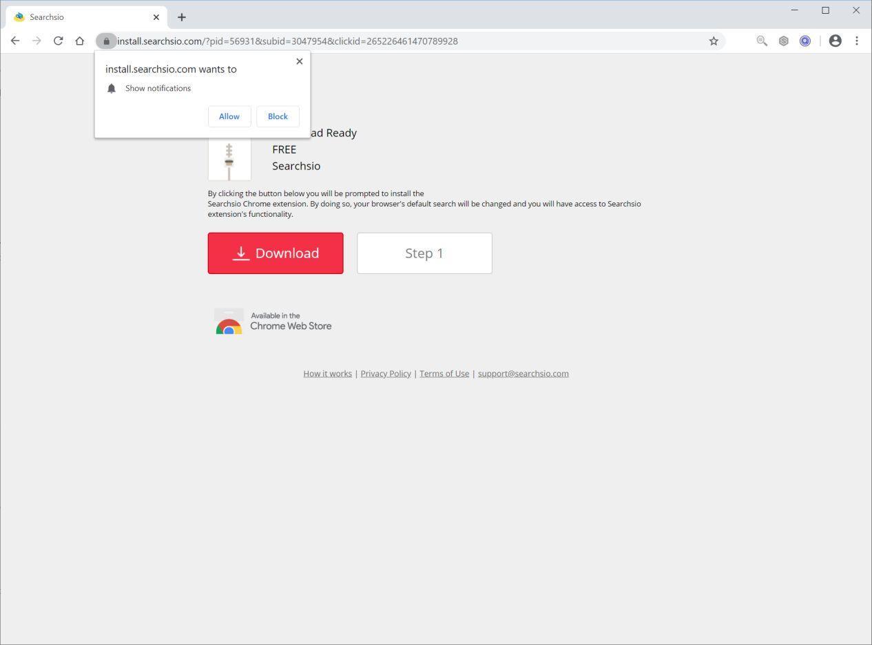 Image: Chrome browser is redirected to Install.searchsio.com