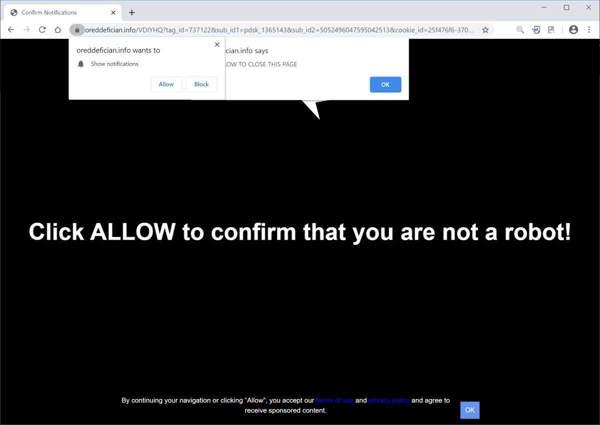 Image: Chrome browser is redirected to Oreddefician.info