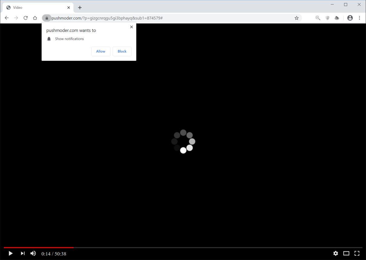 Image: Chrome browser is redirected to Pushmoder.com