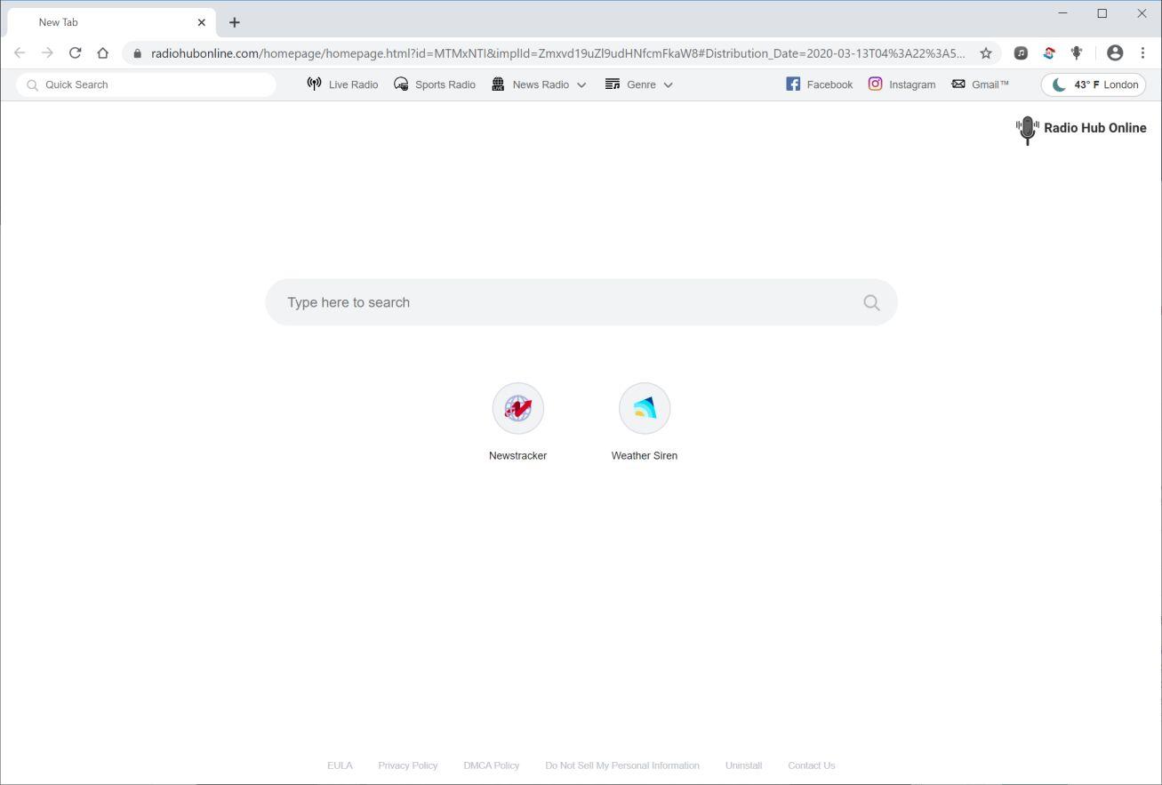Image: Chrome browser is redirected to Radiohubonline.com