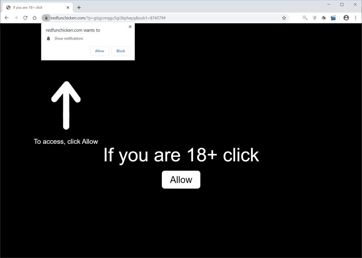 Image: Chrome browser is redirected to Redfunchicken.com