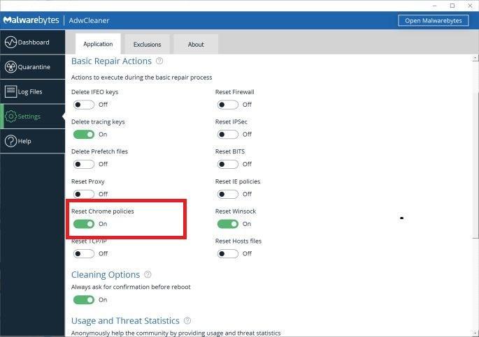 Enable Reset Chrome policies to remove malware