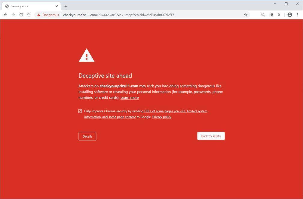 Image: Chrome browser is redirected to Checkyourprize11.com