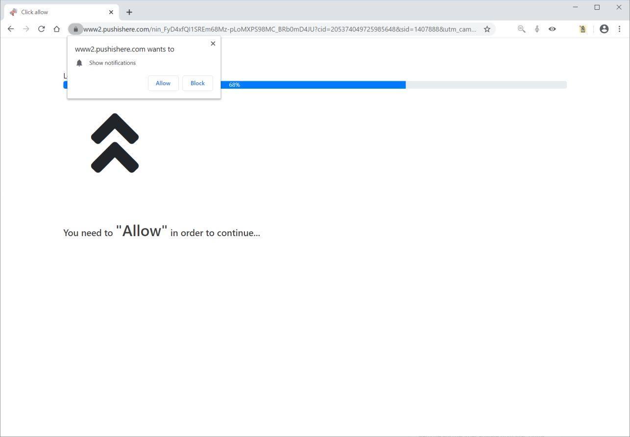 Image: Chrome browser is redirected to Pushishere.com