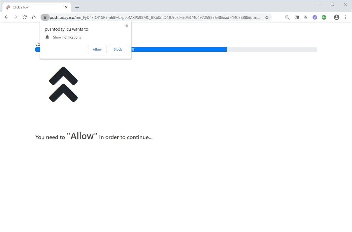 Image: Chrome browser is redirected to Pushtoday.icu