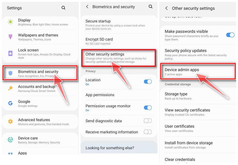 Tap on Biometrics and Security > Other Security Settings > Device admin apps - Android