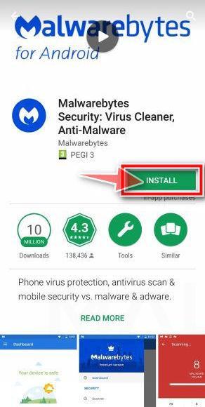 Нажмите «Установить», чтобы установить Malwarebytes для Android.