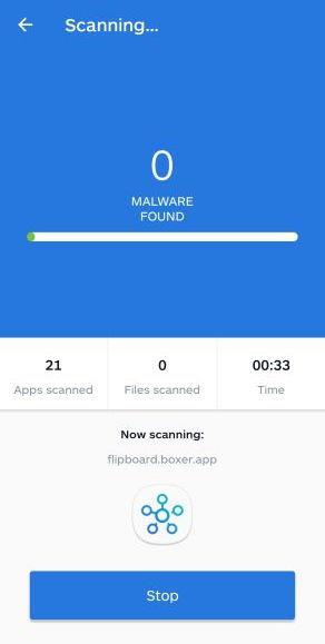 Malwarebytes scanning Android for M.gsearch.co malware