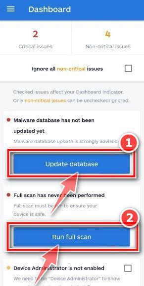 Обновите базу данных и запустите сканирование Malwarebytes на телефоне