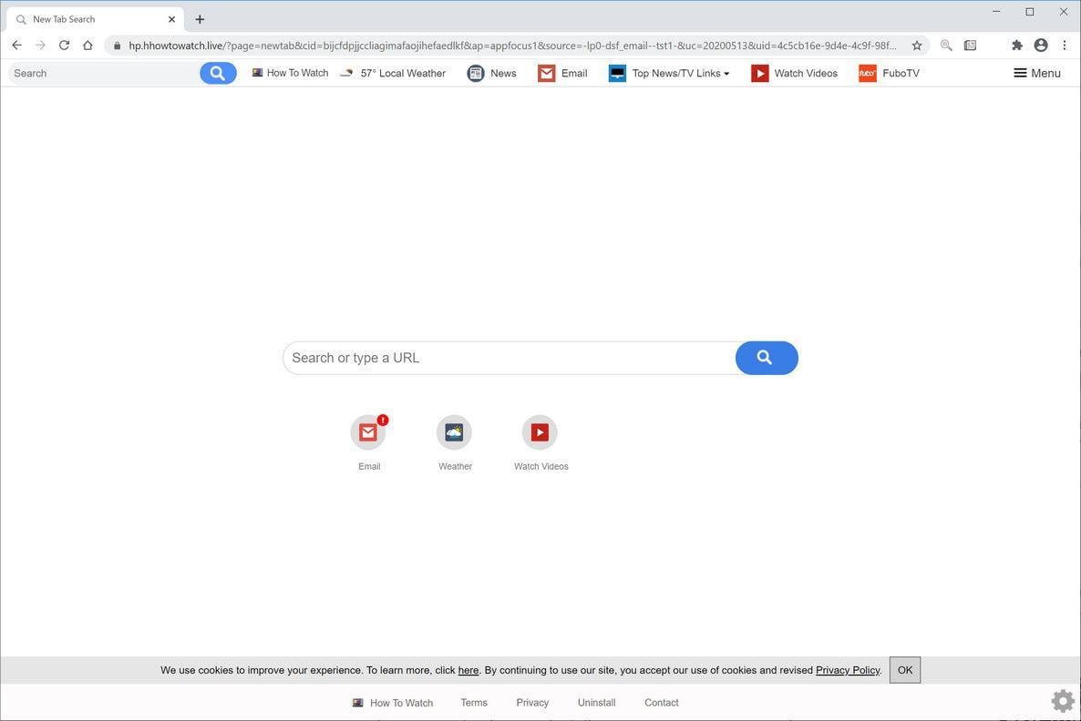 Image: Chrome browser is redirected to Search.hhowtowatch.live