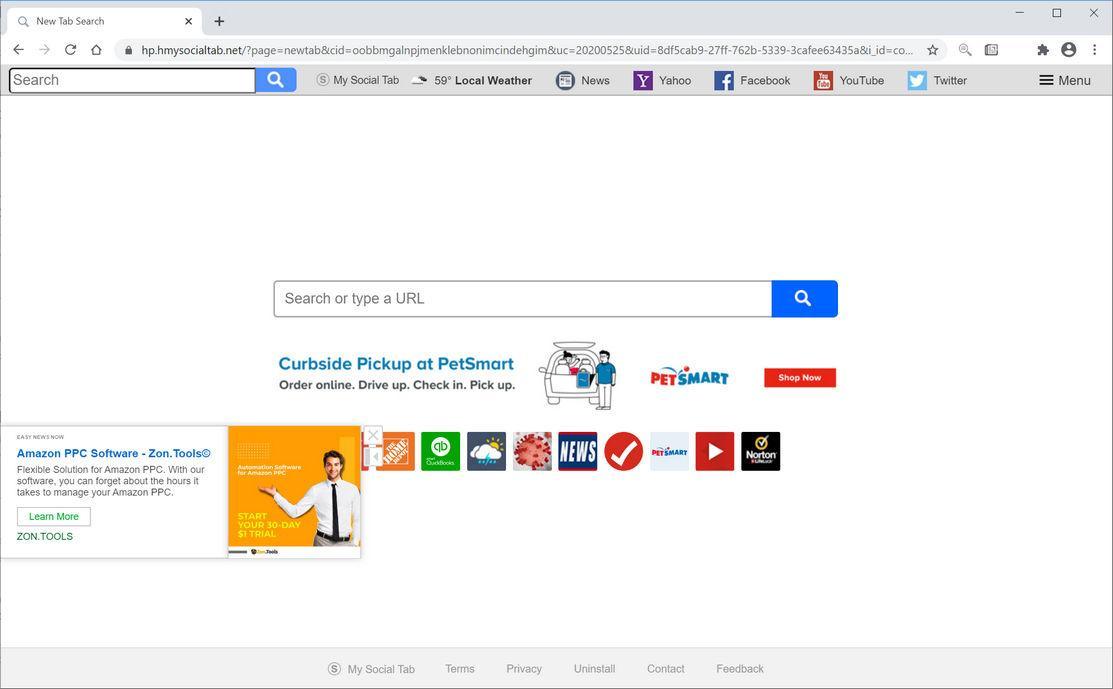 Image: Chrome browser is redirected to Search.hmysocialtab.net