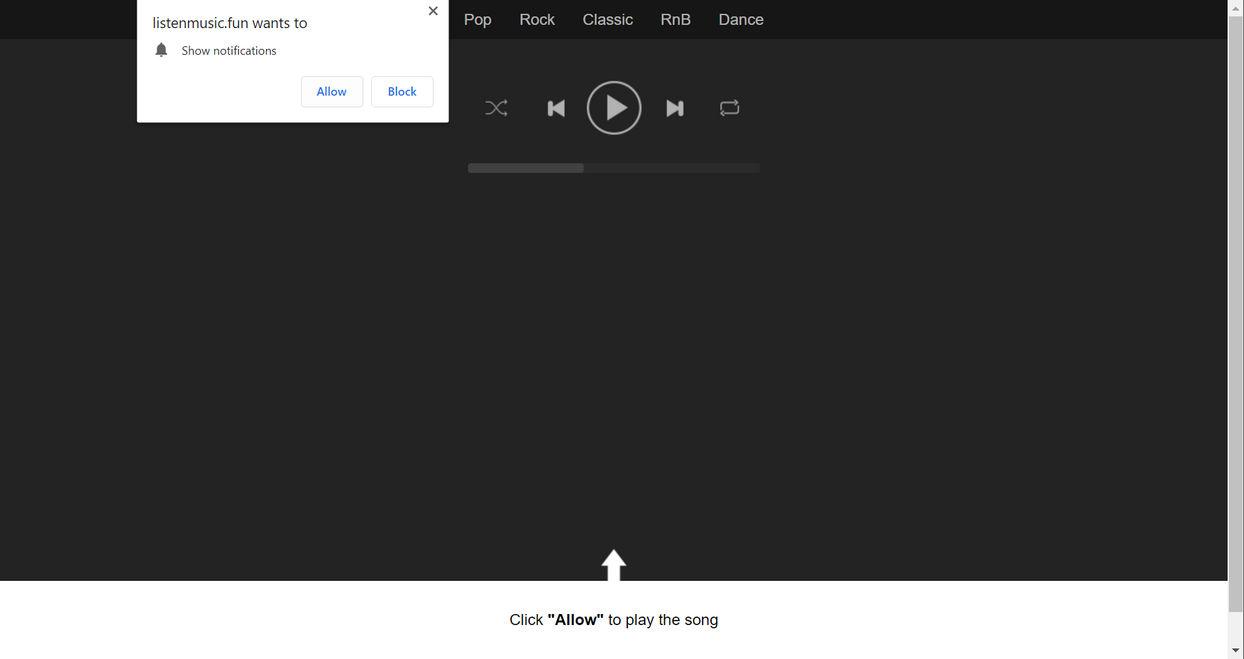 Image: Chrome browser is redirected to Listenmusic.fun