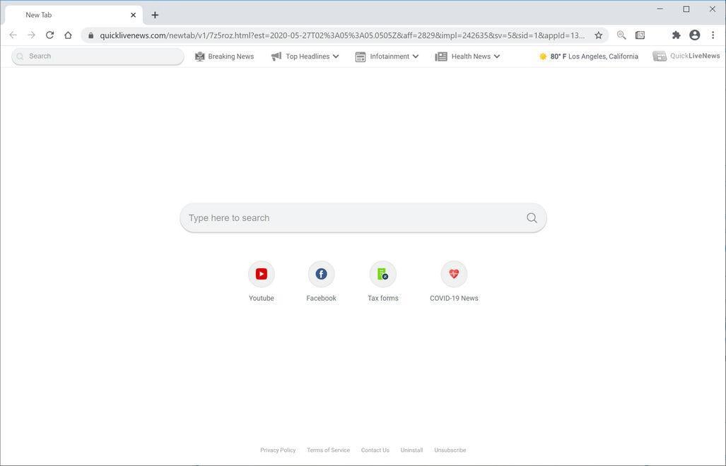 Image: Chrome browser is redirected to Quicklivenews.com