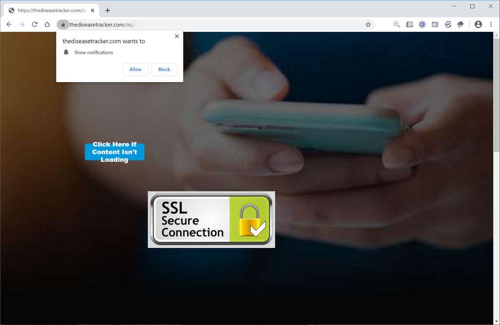 Image: Chrome browser is redirected to Thediseasetracker.com