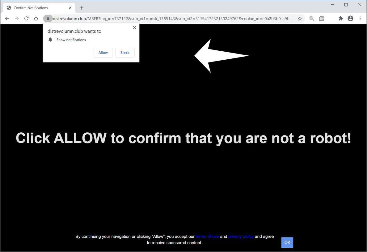 Image: Chrome browser is redirected to Distrevolumn.club
