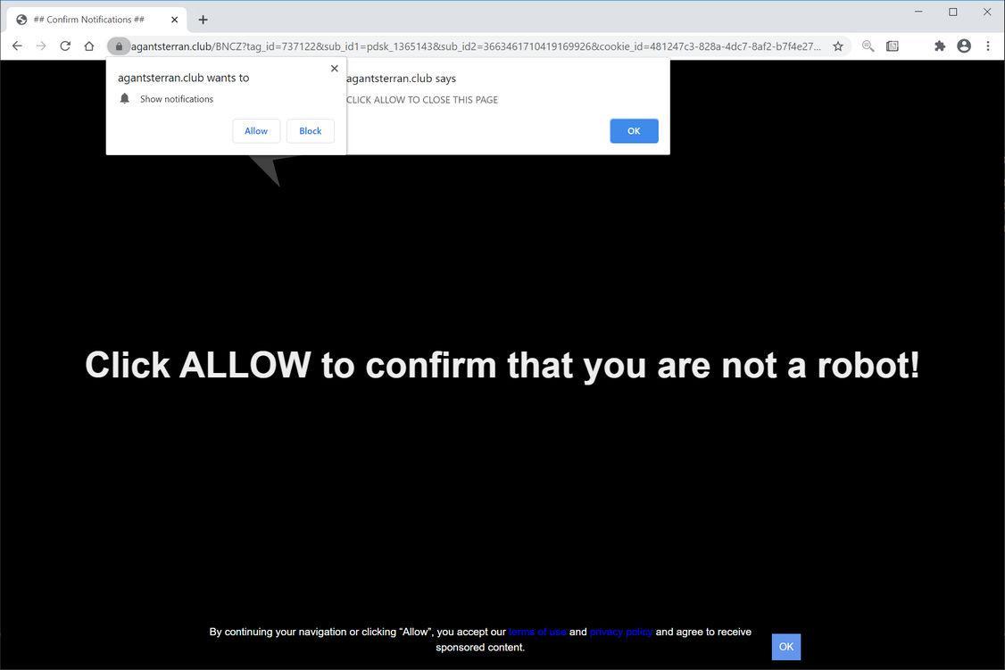 Image: Chrome browser is redirected to Agantsterran.club