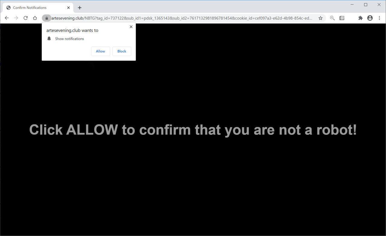 Image: Chrome browser is redirected to Artesevening.club