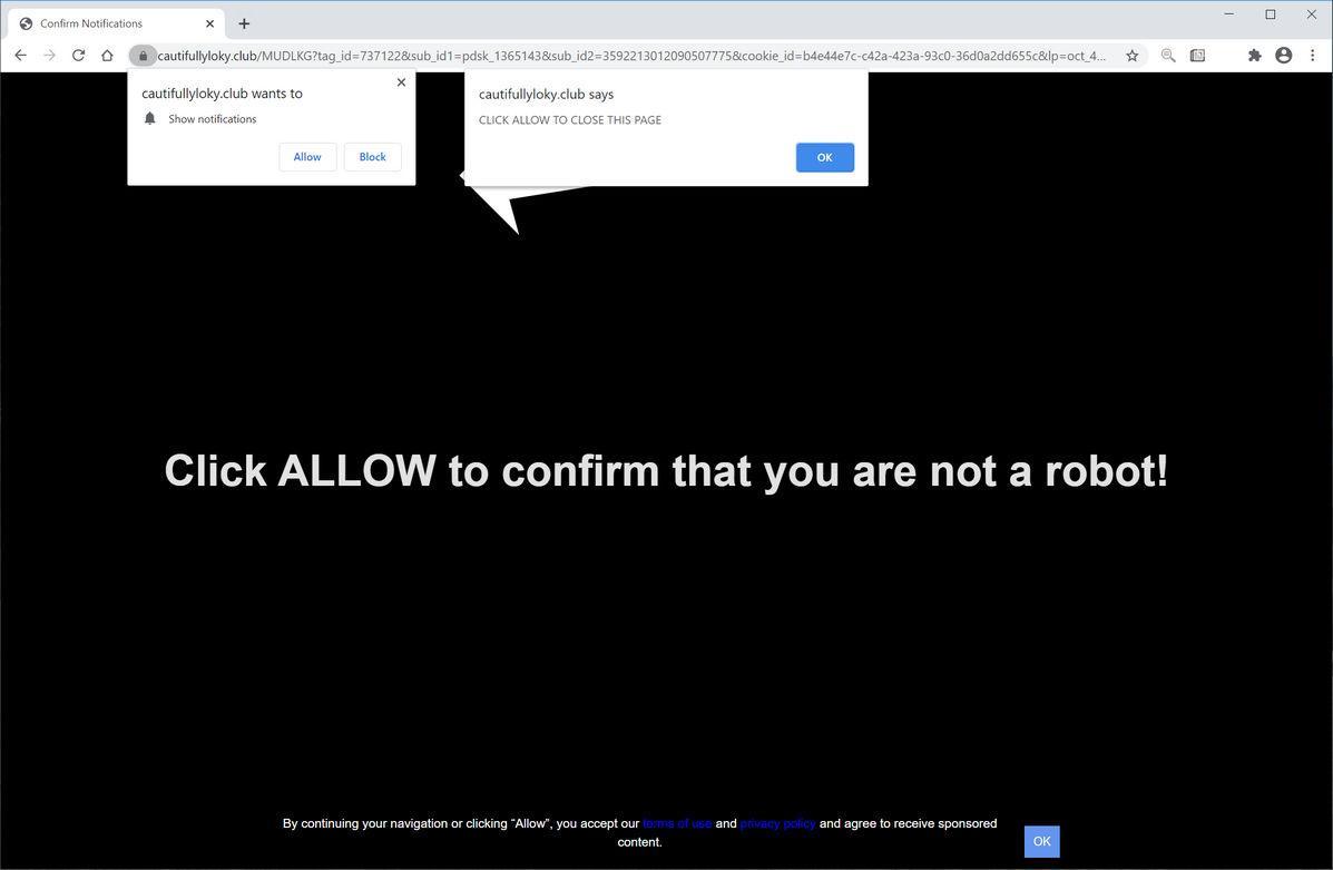 Image: Chrome browser is redirected to Cautifullyloky.club