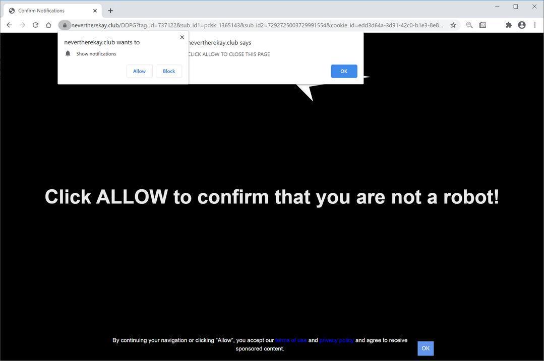 Image: Chrome browser is redirected to Nevertherekay.club