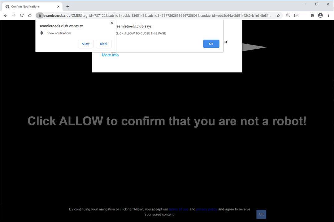 Image: Chrome browser is redirected to Seamletneds.club