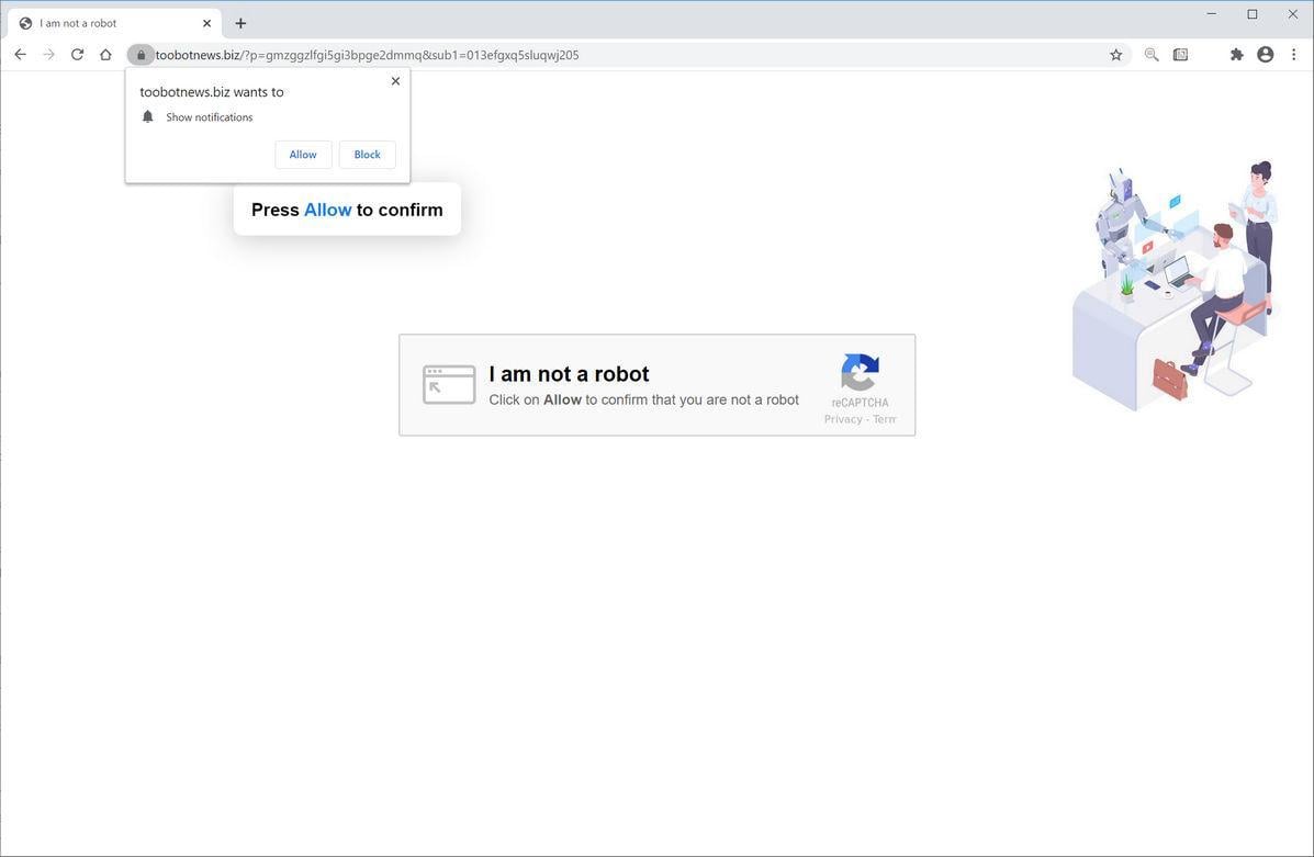 Image: Chrome browser is redirected to Toobotnews.biz