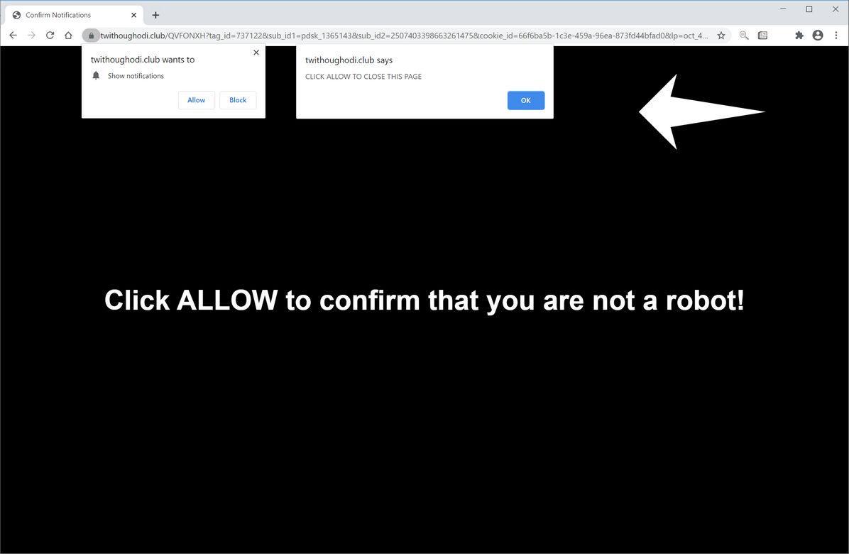 Image: Chrome browser is redirected to Twithoughodi.club
