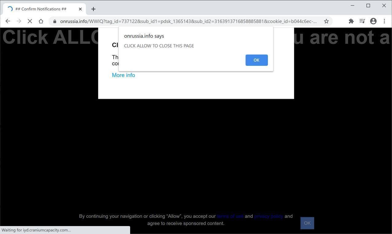 Image: Chrome browser is redirected to Onrussia.info