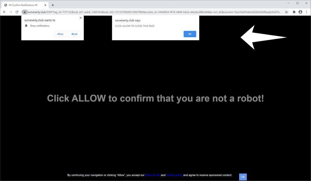 Image: Chrome browser is redirected to Surveserty.club