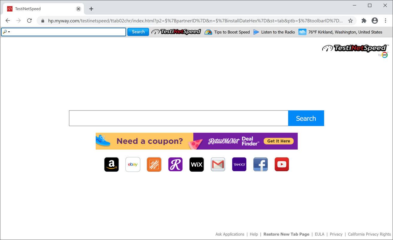 Image: Chrome browser is redirected to TestiNetSpeed