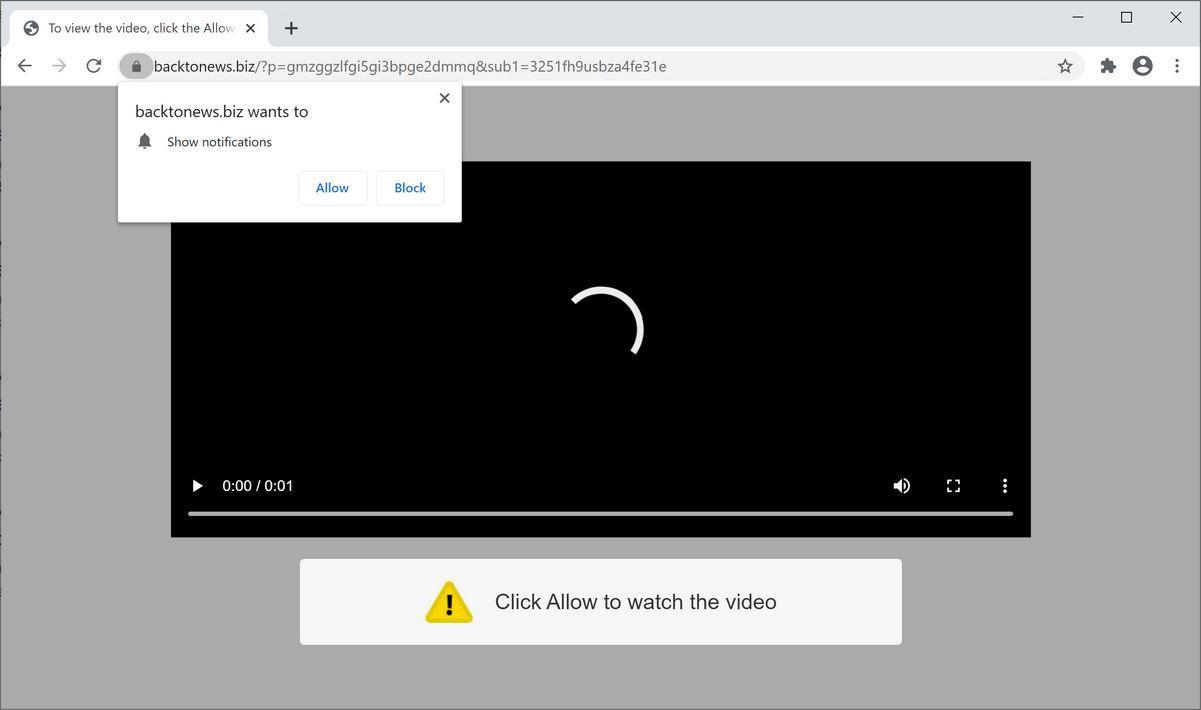 Image: Chrome browser is redirected to Backtonews.biz