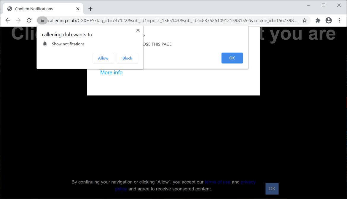 Image: Chrome browser is redirected to Callening.club