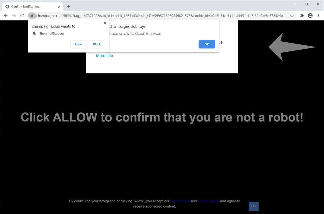 Image: Chrome browser is redirected to Champaigns.club
