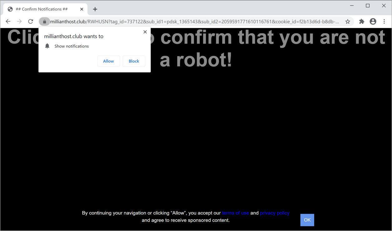 Image: Chrome browser is redirected to Millianthost.club