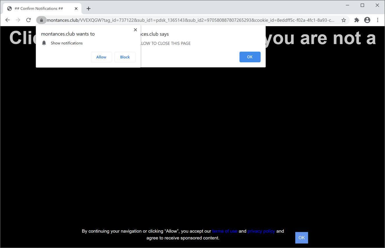 Image: Chrome browser is redirected to Montances.club