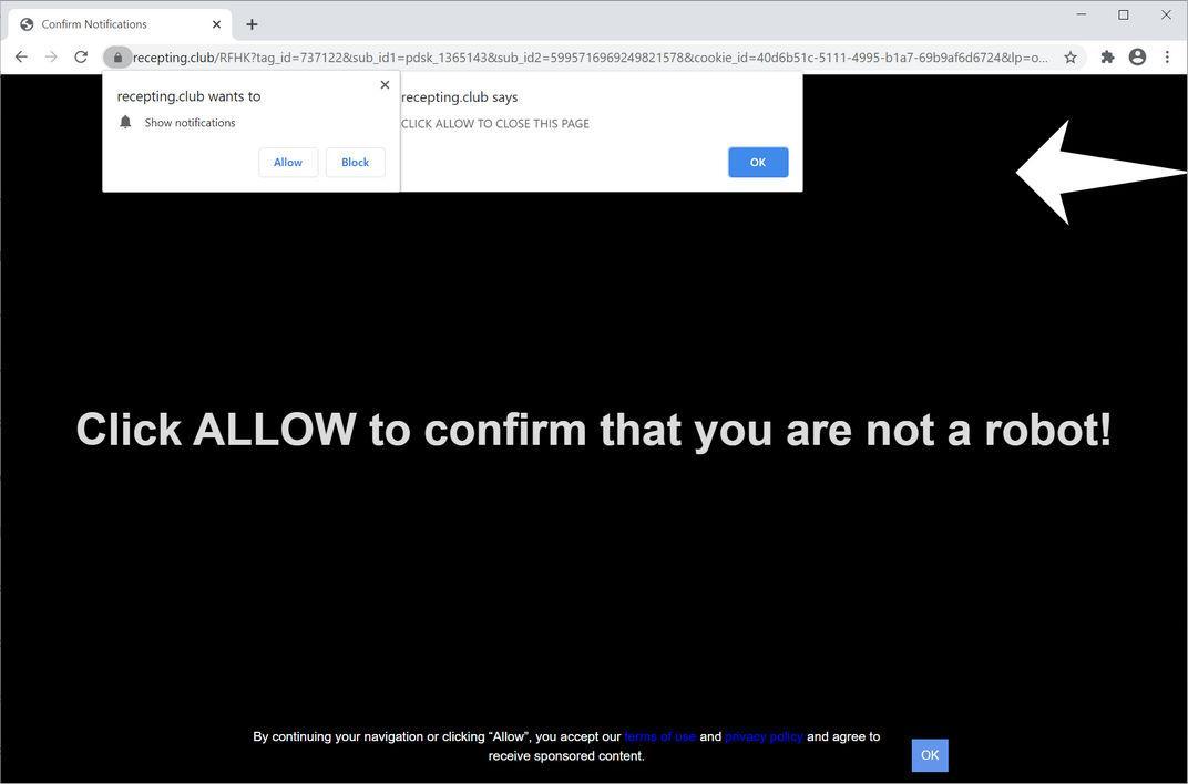 Image: Chrome browser is redirected to Recepting.club