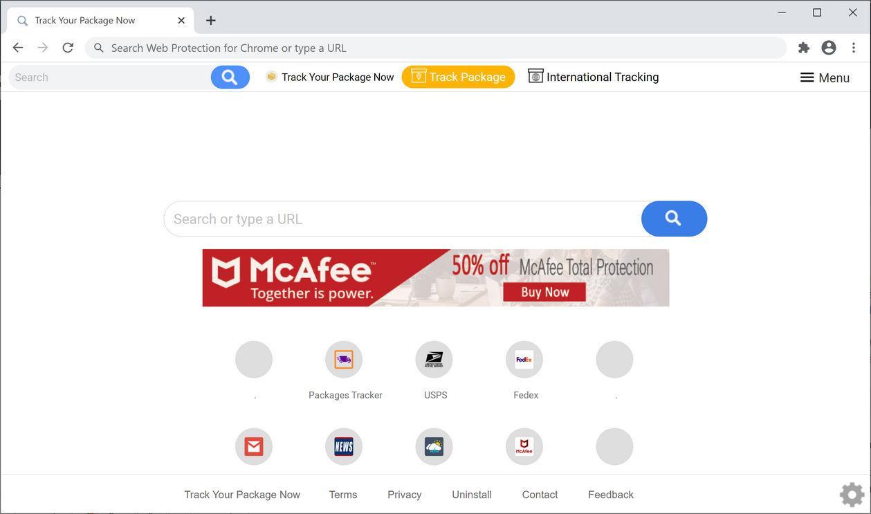 Image: Chrome browser is redirected to Search.trackyourpackagetab1.com