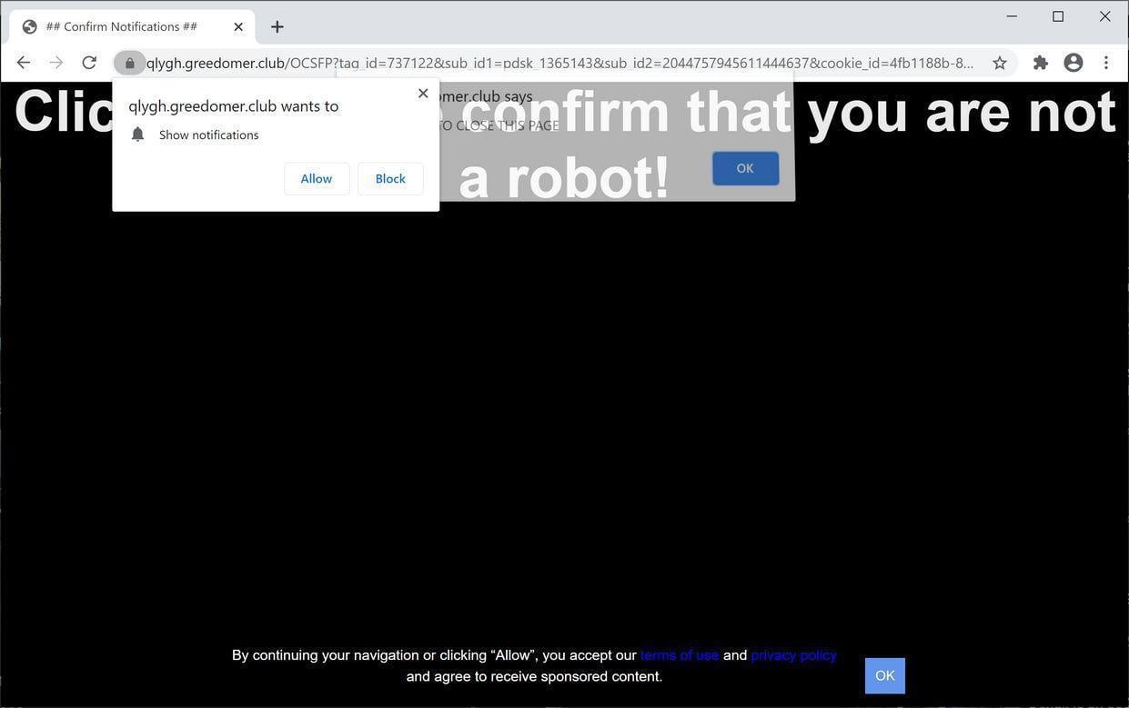 Image: Chrome browser is redirected to Greedomer.club