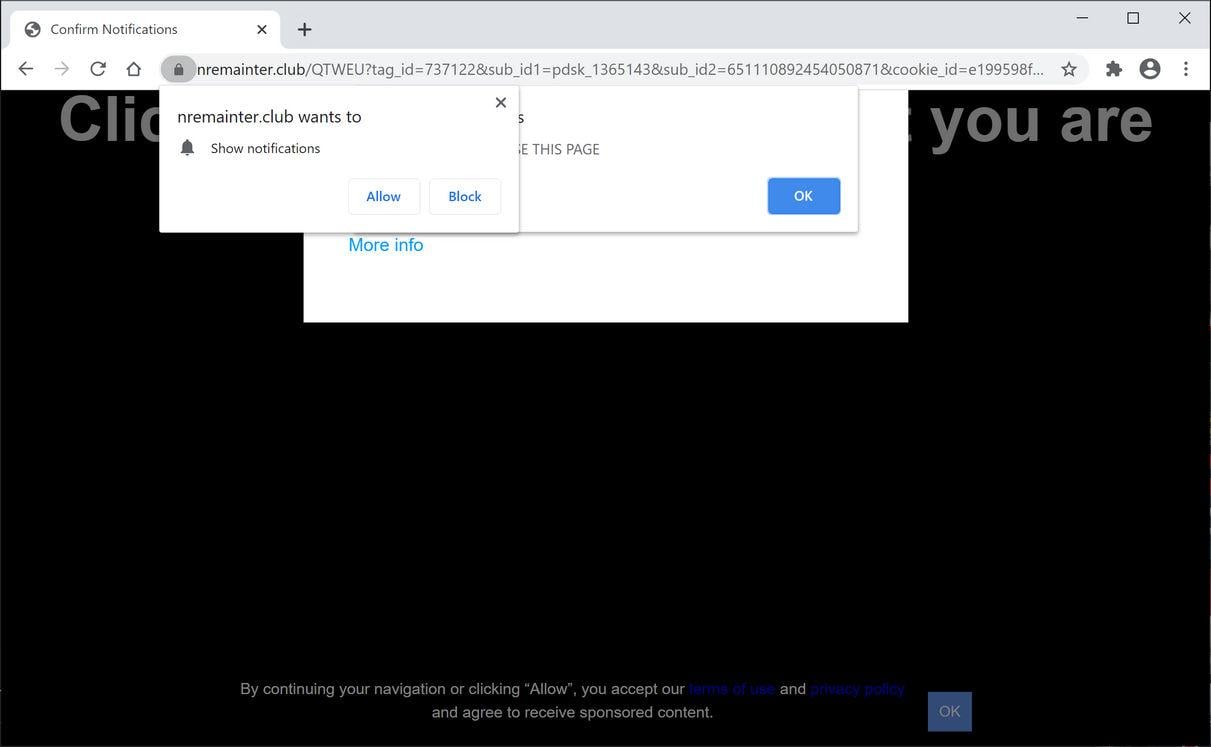 Image: Chrome browser is redirected to Nremainter.club