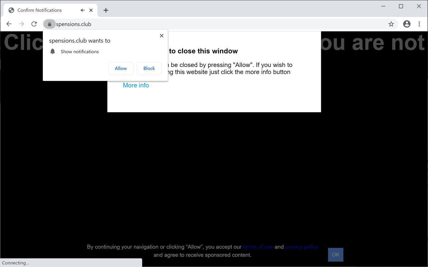 Image: Chrome browser is redirected to Spensions.club