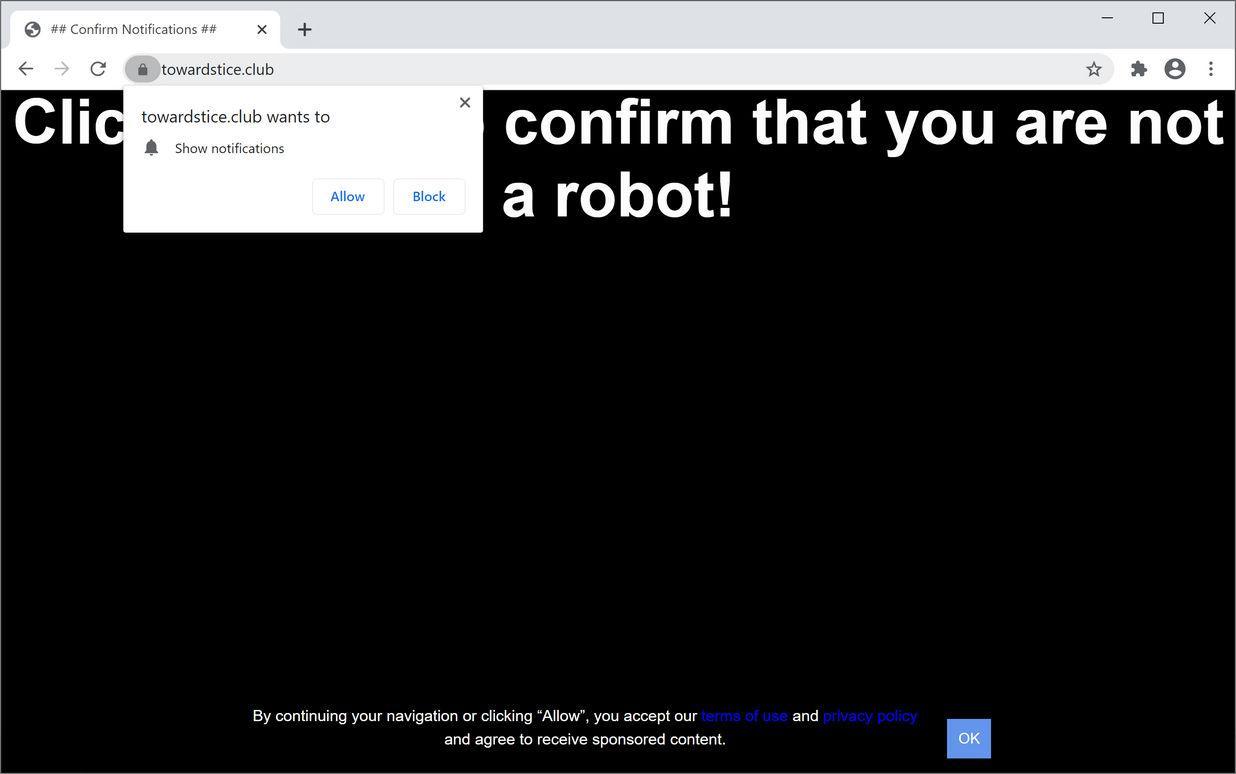 Image: Chrome browser is redirected to Towardstice.club