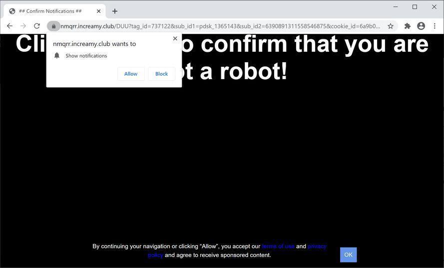 Image: Chrome browser is redirected to Increamy.club