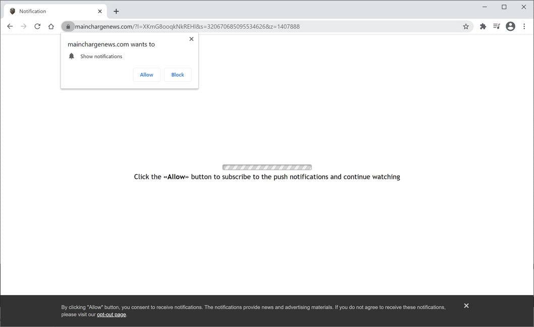 Image: Chrome browser is redirected to Mainchargenews.com