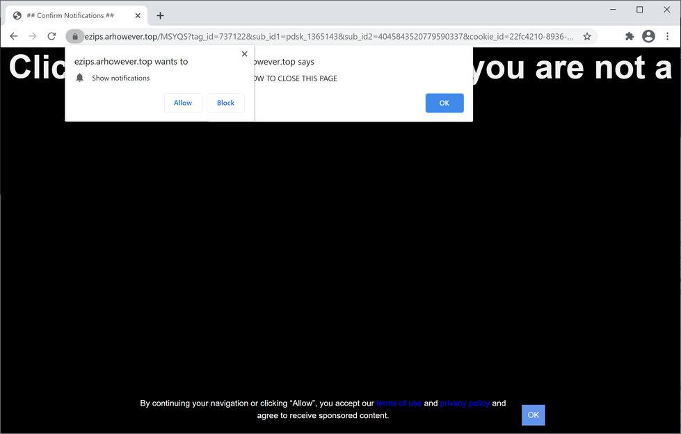 Image: Chrome browser is redirected to Arhowever.top