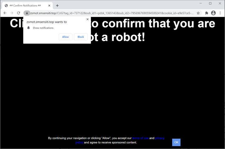 Image: Chrome browser is redirected to Smsensiti.top