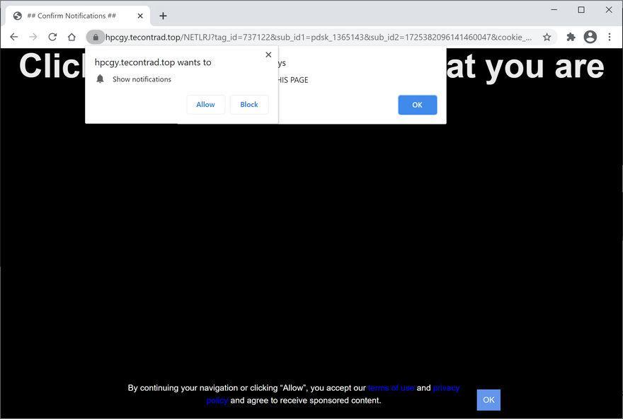 Image: Chrome browser is redirected to Tecontrad.top